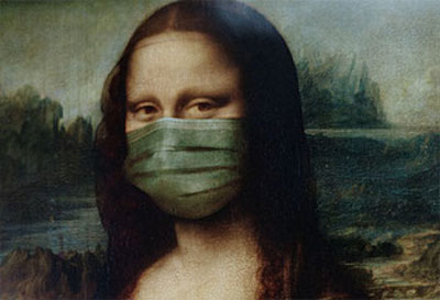 Monalisa wearing a surgical mask to protect from COVID-19